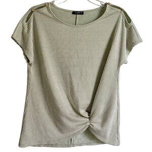 Ava James Striped Knot Front Short Sleeve Top Gold Button Accents Women's Medium